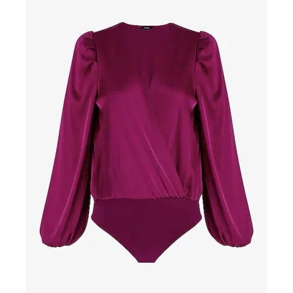 Express Satin Balloon Sleeve Faux Wrap Front Snap Bodysuit Pink/purple Small - Picture 2 of 7